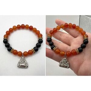 Carnelian & Black Onyx Stretch Gemstone Bracelet | Boho Spiritual‎ Jewelry